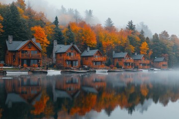Cabins by the lake reflect vibrant autumn colors in a serene and foggy landscape during the fall season. Generative AI