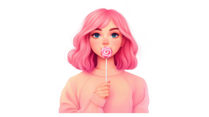 A young woman with pink hair holds a lollipop, wearing a cozy sweater, exuding a playful and whimsical vibe.