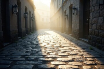 Naklejka premium Sunlit cobblestone lane, early morning mist, old buildings, and antique streetlights create a serene atmosphere