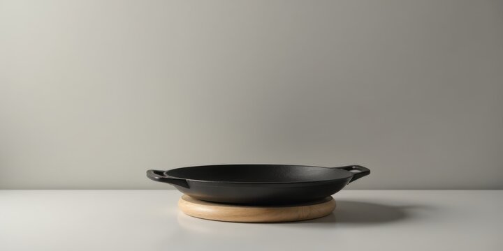 A dark-colored, empty skillet rests on a light-colored, circular wooden coaster against a neutral backdrop.  The simple composition emphasizes the cookware's design and texture.