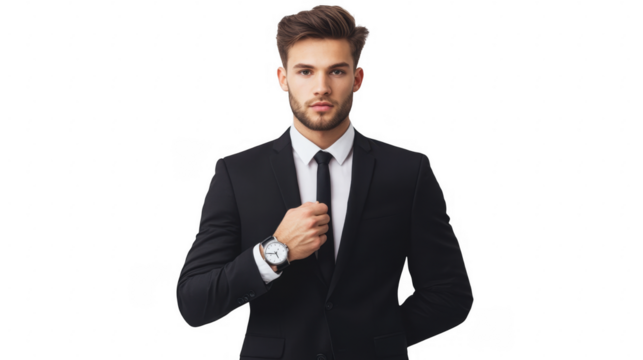 A well-dressed man in a suit adjusting his tie, displaying a classic wristwatch.