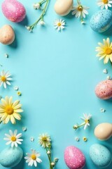 Pastel Eggs and Daisies Frame a Light Blue Background, Perfect for Springtime Celebrations and Festive Designs