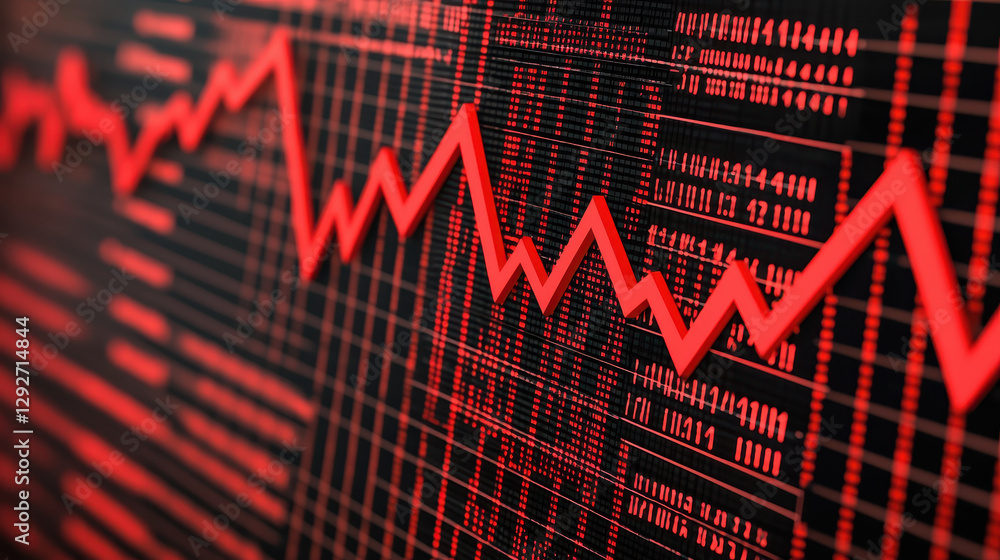 Poster red graph showing declining trend in data analysis, financial market fluctuations, and statistics. ,