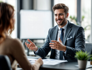 Professional advisor presenting financial strategies to a client, with a reserved blank area for customization.