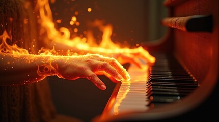 Fiery piano performance illuminates finance season with melodic notes business insights and creative light on keyboard