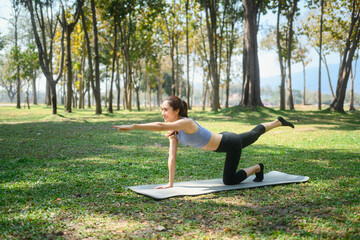 Concentrated young female doing Bird Dog Pose on mat in a peaceful park