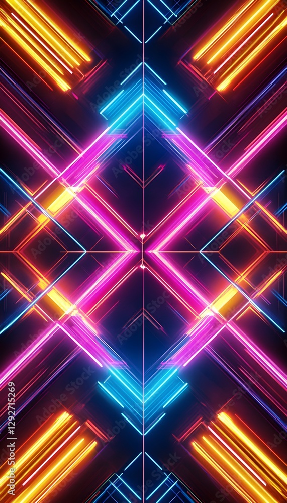Poster symmetrical abstract pattern featuring neon lines and vibrant colors