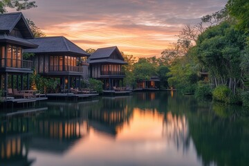 Obraz premium Tranquil Waterfront Resort at Sunset