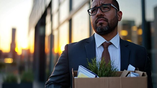 Discouraged businessman carries cardboard box of belongings