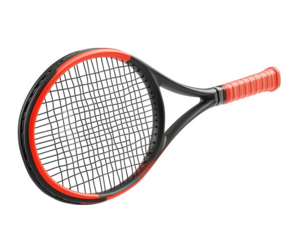 Sleek tennis racket with bright strings, designed for performance and style. Perfect for players seeking precision and control on court