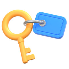 Room Key with Blue Tag 3D Icon Illustration. Low Poly Style