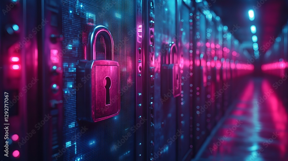 Aufkleber cyber security and private data protection concept – blue integrated circuit lock, robust firewall d