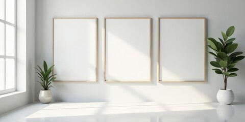 Minimalist Interior Design Mockup Featuring Empty Frames and Indoor Plants