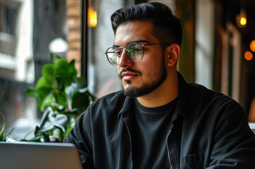 Obraz premium Focused young man working on laptop cozy urban lifestyle photography relaxed environment engaging viewpoint modern productivity concept