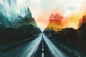 Busy urban road with abstract sound waves visualized above during a cloudy day. Generative AI