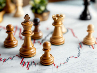 Strategic investment concept showing chess pieces on a financial graph.