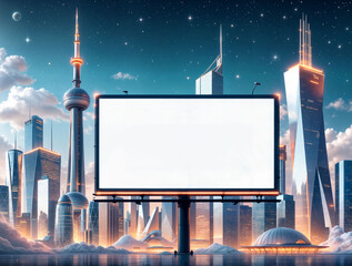 Futuristic city representing financial success, with a blank billboard.