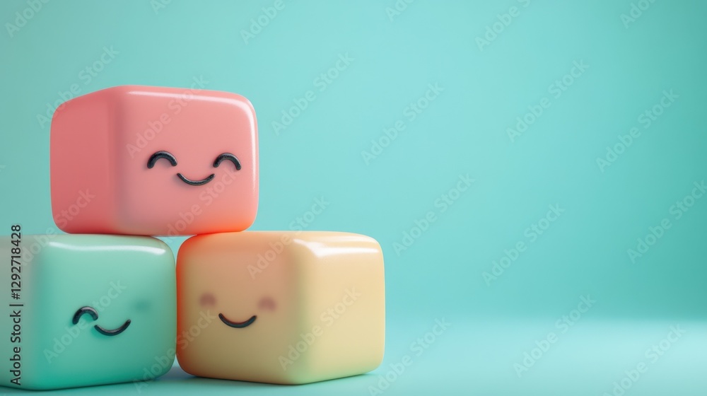 Poster three colorful smiling cubes stacked on a soft blue background create a cheerful atmosphere. perfect