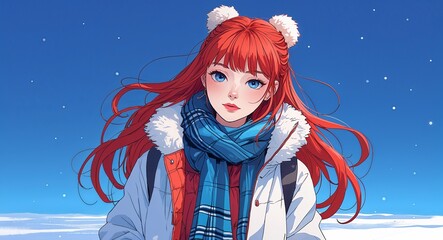 Red head girl in winter fashion on blue bright plain background anime cartoon illustration