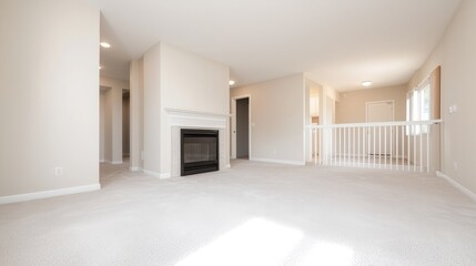 Spacious living room with fireplace, upstairs loft, and neutral decor