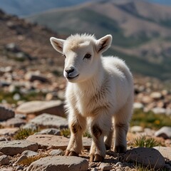 Obraz premium Adorable Baby Mountain Goat Lamb At The Top Of Mount Evans generative Ai