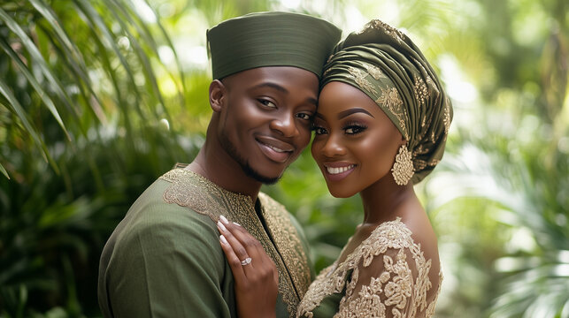 A joyful Nigerian couple in elegant Yoruba attire poses closely, radiating love. The man wears a green agbada with gold embroidery, while the woman stuns in a lace gown with a matching gele, set again