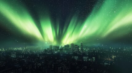 Obraz premium A radiant aurora dances across a futuristic city skyline blending with glowing constellations