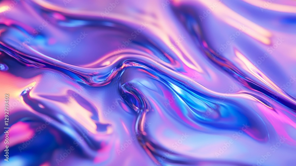 Poster abstract iridescent swirling liquid texture with blue and pink hues creating a glossy surface. futur