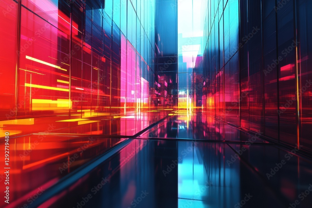 Poster vivid abstract digital art depicting light trails in a futuristic urban setting at night. generative