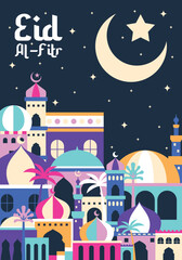 Colorful mosques poster design to celebrate eid al fitr