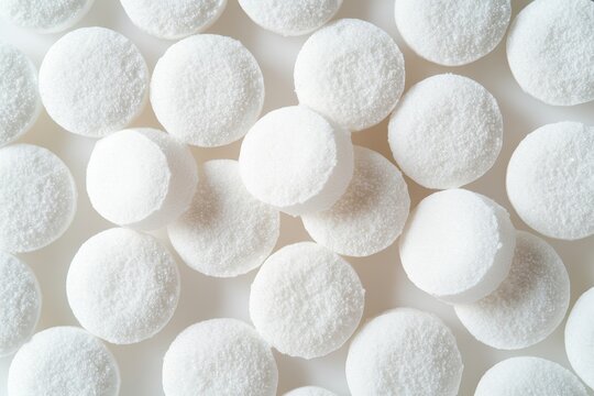 Circular white salt tablets for water softening in appliances preventing limescale buildup Overhead view Blank space
