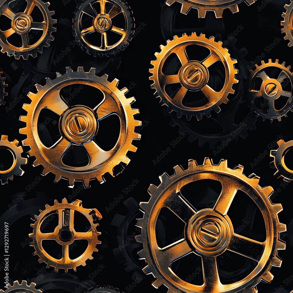 Poster close-up view of various gears interconnected together creating a complex mechanical system
