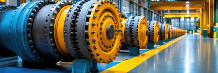 Industrial Machinery Components in a Large Modern Factory: A Detailed View of High-Tech Mechanical Parts with Yellow and Gray Colors, Symbols of Engineering Precision and Innovation