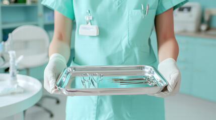 nurse holding tray with surgical instruments in medical setting, showcasing professionalism and care. sterile environment emphasizes importance of hygiene in healthcare