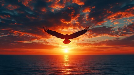 Obraz premium Eagle silhouette soaring at sunset over ocean.