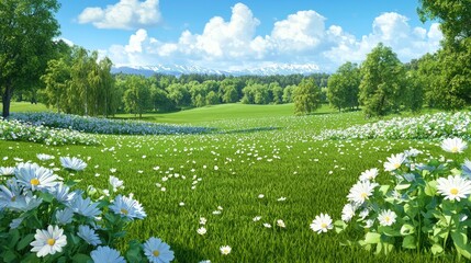 Sunny meadow, daisies, mountains, spring