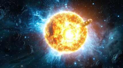 A futuristic spaceship orbits a luminous supernova absorbing radiant energy from deep space