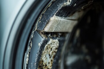 Contaminated rubber seal with mold and grime on washer Maintenance required Detailed view Space for text