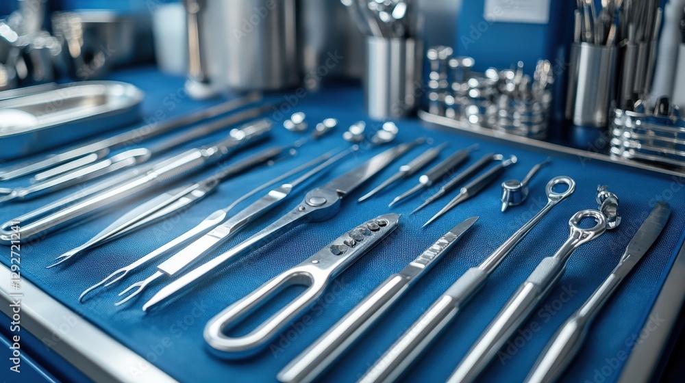 Poster a neatly arranged set of surgical instruments on a blue surface, showcasing precision tools for medi