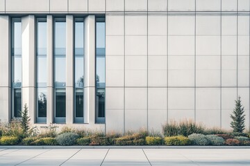 Contemporary building exterior with rectangular windows concrete surfaces and a garden path of small plants and flowers