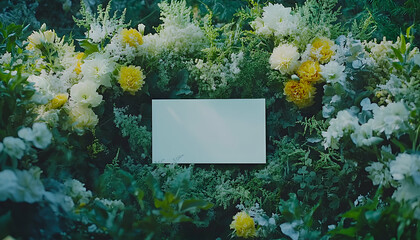 Blank card nestled amidst lush greenery and vibrant yellow and white flowers, perfect for wedding invitations or announcements.