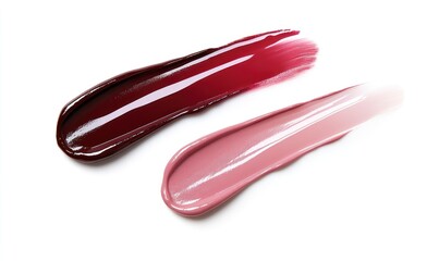 Two lip gloss swatches, one in a dark red shade and the other in a light pink shade, on a white background.