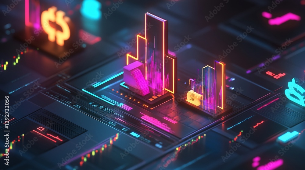 Poster abstract technology design with luminous elements and digital charts on a dark grid background
