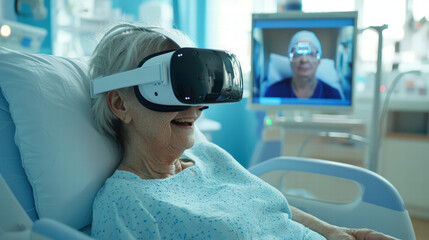 Virtual reality technology used in healthcare, enhancing patient experience. nurse guides elderly patient through virtual session, promoting comfort and engagement