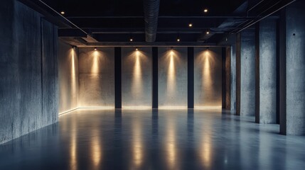 Modern, empty industrial space with concrete walls and polished floor, lit by warm spotlights. Ideal for showcasing products, architecture, or event planning concepts.