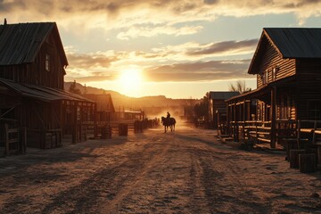 Sunset over a dusty western town with a rider on horseback returning home in the evening light. Generative AI