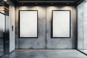 Mockup of two vertical poster frames displayed in an elevator