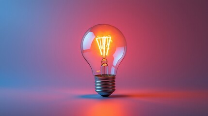 Glowing incandescent light bulb on gradient background.