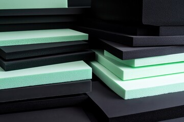 Stacks of varied thicknesses of black and pastel green foam sheets arranged crosswise