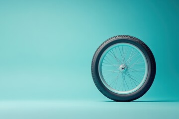 A single bicycle wheel stands alone on a smooth turquoise background